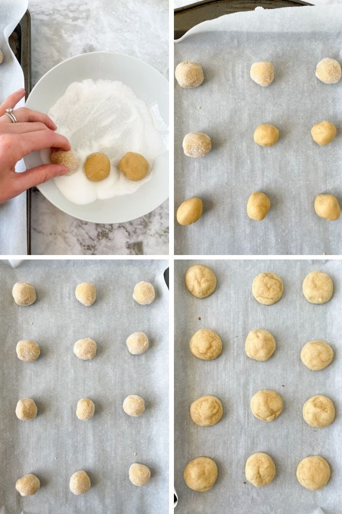 cookie dough balls are rolled in granulated sugar then placed onto a baking tray
